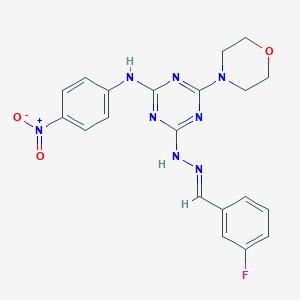 molecular formula C20H19FN8O3 B387023 2-N-[(E)-(3-fluorophenyl)methylideneamino]-6-morpholin-4-yl-4-N-(4-nitrophenyl)-1,3,5-triazine-2,4-diamine 