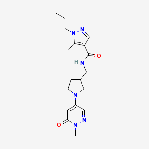 molecular formula C18H26N6O2 B3870478 5-methyl-N-{[1-(1-methyl-6-oxo-1,6-dihydropyridazin-4-yl)pyrrolidin-3-yl]methyl}-1-propyl-1H-pyrazole-4-carboxamide 