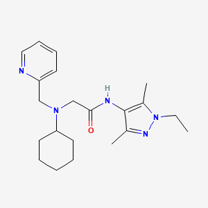 molecular formula C21H31N5O B3870809 2-[cyclohexyl(pyridin-2-ylmethyl)amino]-N-(1-ethyl-3,5-dimethyl-1H-pyrazol-4-yl)acetamide 