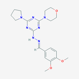 molecular formula C20H27N7O3 B387101 3,4-Dimethoxybenzaldehyde [4-(4-morpholinyl)-6-(1-pyrrolidinyl)-1,3,5-triazin-2-yl]hydrazone 