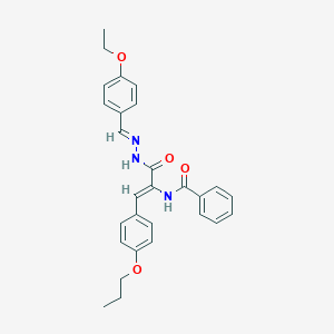 molecular formula C28H29N3O4 B387112 N-[1-{[2-(4-ethoxybenzylidene)hydrazino]carbonyl}-2-(4-propoxyphenyl)vinyl]benzamide 