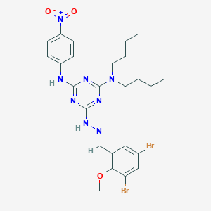 molecular formula C25H30Br2N8O3 B387137 2-N,2-N-dibutyl-4-N-[(E)-(3,5-dibromo-2-methoxyphenyl)methylideneamino]-6-N-(4-nitrophenyl)-1,3,5-triazine-2,4,6-triamine 
