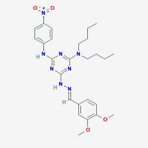 molecular formula C26H34N8O4 B387160 3,4-Dimethoxybenzaldehyde (4-(dibutylamino)-6-{4-nitroanilino}-1,3,5-triazin-2-yl)hydrazone 