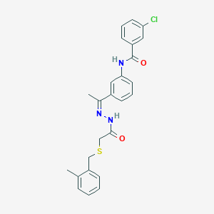molecular formula C25H24ClN3O2S B387210 3-chloro-N-[3-(N-{[(2-methylbenzyl)sulfanyl]acetyl}ethanehydrazonoyl)phenyl]benzamide 