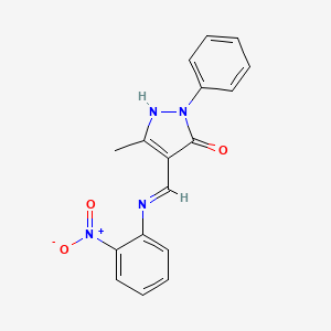 molecular formula C17H14N4O3 B3872183 5-methyl-4-{[(2-nitrophenyl)amino]methylene}-2-phenyl-2,4-dihydro-3H-pyrazol-3-one 