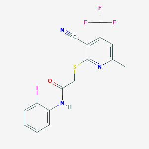 molecular formula C16H11F3IN3OS B387253 2-{[3-cyano-6-methyl-4-(trifluoromethyl)pyridin-2-yl]sulfanyl}-N-(2-iodophenyl)acetamide 