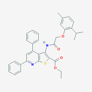 molecular formula C34H32N2O4S B387254 Ethyl 3-{[(2-isopropyl-5-methylphenoxy)acetyl]amino}-4,6-diphenylthieno[2,3-b]pyridine-2-carboxylate 