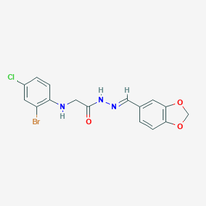 molecular formula C16H13BrClN3O3 B387275 N'-(1,3-benzodioxol-5-ylmethylene)-2-(2-bromo-4-chloroanilino)acetohydrazide 