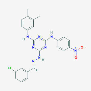 molecular formula C24H21ClN8O2 B387278 2-N-[(E)-(3-chlorophenyl)methylideneamino]-4-N-(3,4-dimethylphenyl)-6-N-(4-nitrophenyl)-1,3,5-triazine-2,4,6-triamine 