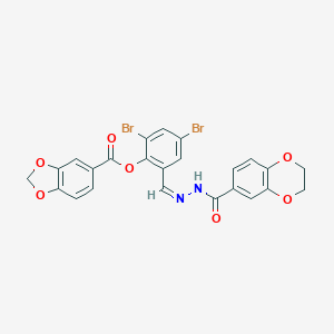 molecular formula C24H16Br2N2O7 B387284 2,4-Dibromo-6-[2-(2,3-dihydro-1,4-benzodioxin-6-ylcarbonyl)carbohydrazonoyl]phenyl 1,3-benzodioxole-5-carboxylate 