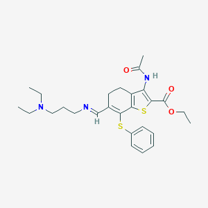 molecular formula C27H35N3O3S2 B387384 Ethyl 3-acetamido-6-[3-(diethylamino)propyliminomethyl]-7-phenylsulfanyl-4,5-dihydro-1-benzothiophene-2-carboxylate 
