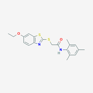 molecular formula C20H22N2O2S2 B387402 2-[(6-ethoxy-1,3-benzothiazol-2-yl)sulfanyl]-N-mesitylacetamide 