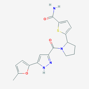 molecular formula C18H18N4O3S B3874620 5-(1-{[3-(5-methyl-2-furyl)-1H-pyrazol-5-yl]carbonyl}-2-pyrrolidinyl)-2-thiophenecarboxamide 