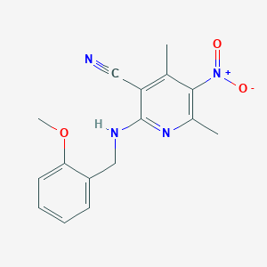 molecular formula C16H16N4O3 B3874637 2-[(2-methoxybenzyl)amino]-4,6-dimethyl-5-nitronicotinonitrile 