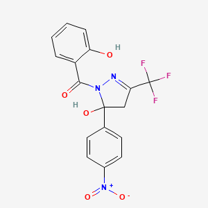 molecular formula C17H12F3N3O5 B3874990 1-(2-hydroxybenzoyl)-5-(4-nitrophenyl)-3-(trifluoromethyl)-4,5-dihydro-1H-pyrazol-5-ol 