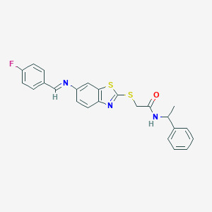 molecular formula C24H20FN3OS2 B387515 2-({6-[(4-fluorobenzylidene)amino]-1,3-benzothiazol-2-yl}sulfanyl)-N-(1-phenylethyl)acetamide 