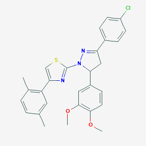 molecular formula C28H26ClN3O2S B387543 2-[3-(4-chlorophenyl)-5-(3,4-dimethoxyphenyl)-4,5-dihydro-1H-pyrazol-1-yl]-4-(2,5-dimethylphenyl)-1,3-thiazole 