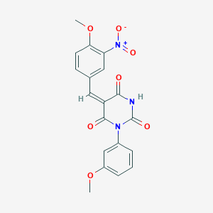 molecular formula C19H15N3O7 B387596 (5E)-5-(4-methoxy-3-nitrobenzylidene)-1-(3-methoxyphenyl)pyrimidine-2,4,6(1H,3H,5H)-trione 
