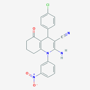 molecular formula C22H17ClN4O3 B387634 2-Amino-4-(4-chlorophenyl)-1-(3-nitrophenyl)-5-oxo-1,4,5,6,7,8-hexahydro-3-quinolinecarbonitrile 