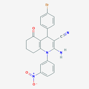 molecular formula C22H17BrN4O3 B387660 2-Amino-4-(4-bromophenyl)-1-(3-nitrophenyl)-5-oxo-1,4,5,6,7,8-hexahydro-3-quinolinecarbonitrile 