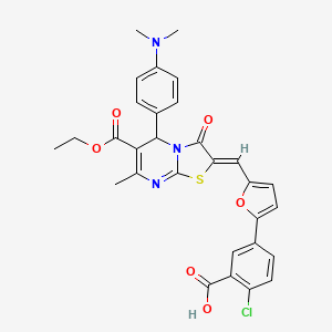 molecular formula C30H26ClN3O6S B3878696 2-chloro-5-(5-{[5-[4-(dimethylamino)phenyl]-6-(ethoxycarbonyl)-7-methyl-3-oxo-5H-[1,3]thiazolo[3,2-a]pyrimidin-2(3H)-ylidene]methyl}-2-furyl)benzoic acid 