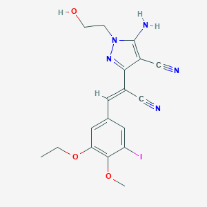 molecular formula C18H18IN5O3 B387883 5-amino-3-[1-cyano-2-(3-ethoxy-5-iodo-4-methoxyphenyl)vinyl]-1-(2-hydroxyethyl)-1H-pyrazole-4-carbonitrile 