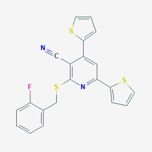 molecular formula C21H13FN2S3 B387905 2-[(2-Fluorobenzyl)sulfanyl]-4,6-dithien-2-ylnicotinonitrile 