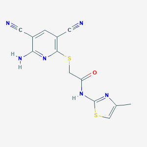 molecular formula C13H10N6OS2 B387920 2-[(6-amino-3,5-dicyanopyridin-2-yl)sulfanyl]-N-(4-methyl-1,3-thiazol-2-yl)acetamide 