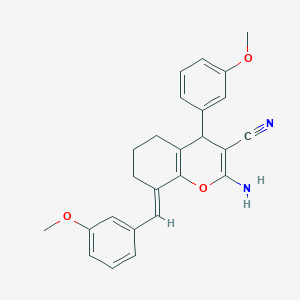molecular formula C25H24N2O3 B387921 2-amino-8-(3-methoxybenzylidene)-4-(3-methoxyphenyl)-5,6,7,8-tetrahydro-4H-chromene-3-carbonitrile 