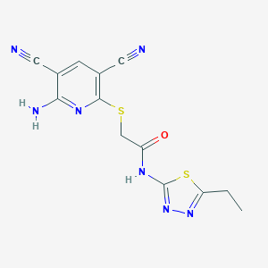 molecular formula C13H11N7OS2 B387923 2-[(6-amino-3,5-dicyanopyridin-2-yl)thio]-N-(5-ethyl-1,3,4-thiadiazol-2-yl)acetamide 