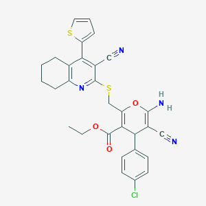molecular formula C30H25ClN4O3S2 B387926 ethyl 6-amino-4-(4-chlorophenyl)-5-cyano-2-({[3-cyano-4-(2-thienyl)-5,6,7,8-tetrahydro-2-quinolinyl]sulfanyl}methyl)-4H-pyran-3-carboxylate 