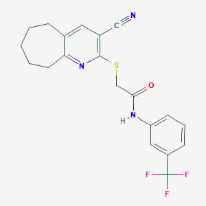 molecular formula C20H18F3N3OS B387927 2-[(3-cyano-6,7,8,9-tetrahydro-5H-cyclohepta[b]pyridin-2-yl)sulfanyl]-N-[3-(trifluoromethyl)phenyl]acetamide CAS No. 313379-73-6