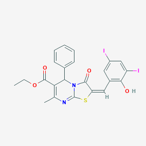 molecular formula C23H18I2N2O4S B387947 ethyl 2-(2-hydroxy-3,5-diiodobenzylidene)-7-methyl-3-oxo-5-phenyl-2,3-dihydro-5H-[1,3]thiazolo[3,2-a]pyrimidine-6-carboxylate 