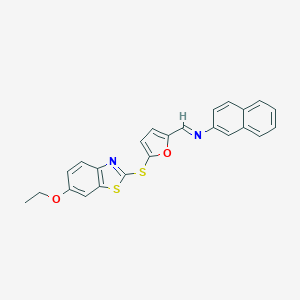 molecular formula C24H18N2O2S2 B388018 N-({5-[(6-ethoxy-1,3-benzothiazol-2-yl)sulfanyl]-2-furyl}methylene)-N-(2-naphthyl)amine 