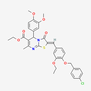 molecular formula C34H33ClN2O7S B3880644 ethyl 2-{4-[(4-chlorobenzyl)oxy]-3-ethoxybenzylidene}-5-(3,4-dimethoxyphenyl)-7-methyl-3-oxo-2,3-dihydro-5H-[1,3]thiazolo[3,2-a]pyrimidine-6-carboxylate 