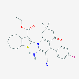 molecular formula C30H32FN3O3S B388088 ethyl 2-(2-amino-3-cyano-4-(4-fluorophenyl)-7,7-dimethyl-5-oxo-5,6,7,8-tetrahydro-1(4H)-quinolinyl)-5,6,7,8-tetrahydro-4H-cyclohepta[b]thiophene-3-carboxylate 