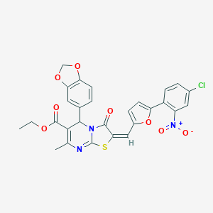 molecular formula C28H20ClN3O8S B388100 ethyl 5-(1,3-benzodioxol-5-yl)-2-[(5-{4-chloro-2-nitrophenyl}-2-furyl)methylene]-7-methyl-3-oxo-2,3-dihydro-5H-[1,3]thiazolo[3,2-a]pyrimidine-6-carboxylate 