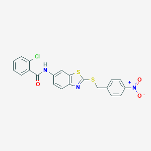 molecular formula C21H14ClN3O3S2 B388105 2-chloro-N-[2-({4-nitrobenzyl}sulfanyl)-1,3-benzothiazol-6-yl]benzamide 