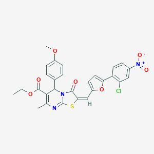 molecular formula C28H22ClN3O7S B388107 ethyl 2-[(5-{2-chloro-4-nitrophenyl}-2-furyl)methylene]-5-(4-methoxyphenyl)-7-methyl-3-oxo-2,3-dihydro-5H-[1,3]thiazolo[3,2-a]pyrimidine-6-carboxylate 