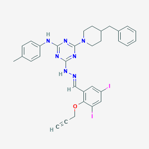 molecular formula C32H31I2N7O B388117 3,5-Diiodo-2-(prop-2-ynyloxy)benzaldehyde {4-(4-benzylpiperidin-1-yl)-6-[(4-methylphenyl)amino]-1,3,5-triazin-2-yl}hydrazone 