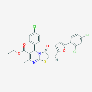 molecular formula C27H19Cl3N2O4S B388123 ethyl 5-(4-chlorophenyl)-2-{[5-(2,4-dichlorophenyl)-2-furyl]methylene}-7-methyl-3-oxo-2,3-dihydro-5H-[1,3]thiazolo[3,2-a]pyrimidine-6-carboxylate 