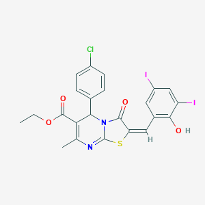 molecular formula C23H17ClI2N2O4S B388128 ethyl 5-(4-chlorophenyl)-2-(2-hydroxy-3,5-diiodobenzylidene)-7-methyl-3-oxo-2,3-dihydro-5H-[1,3]thiazolo[3,2-a]pyrimidine-6-carboxylate 