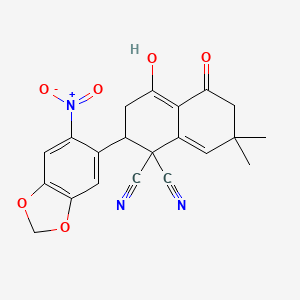 molecular formula C21H17N3O6 B3881639 4-hydroxy-7,7-dimethyl-2-(6-nitro-1,3-benzodioxol-5-yl)-5-oxo-3,5,6,7-tetrahydro-1,1(2H)-naphthalenedicarbonitrile 