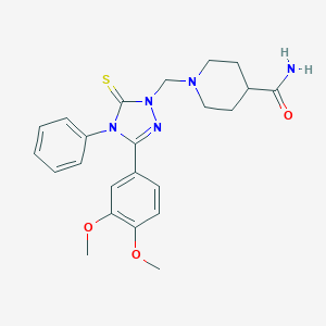 molecular formula C23H27N5O3S B388175 1-{[3-(3,4-dimethoxyphenyl)-4-phenyl-5-thioxo-4,5-dihydro-1H-1,2,4-triazol-1-yl]methyl}-4-piperidinecarboxamide 