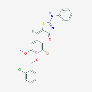 molecular formula C24H18BrClN2O3S B388247 (5E)-2-anilino-5-[[3-bromo-4-[(2-chlorophenyl)methoxy]-5-methoxyphenyl]methylidene]-1,3-thiazol-4-one 