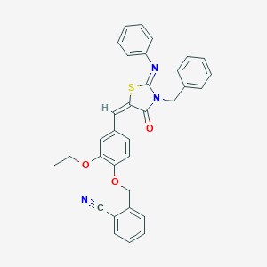 molecular formula C33H27N3O3S B388385 2-[(4-{[3-Benzyl-4-oxo-2-(phenylimino)-1,3-thiazolidin-5-ylidene]methyl}-2-ethoxyphenoxy)methyl]benzonitrile 