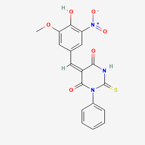 (5E)-5-[(4-hydroxy-3-methoxy-5-nitrophenyl)methylidene]-1-phenyl-2-sulfanylidene-1,3-diazinane-4,6-dione