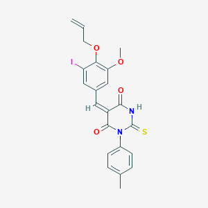 molecular formula C22H19IN2O4S B388437 5-[4-(allyloxy)-3-iodo-5-methoxybenzylidene]-1-(4-methylphenyl)-2-thioxodihydro-4,6(1H,5H)-pyrimidinedione 