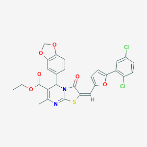 molecular formula C28H20Cl2N2O6S B388446 ethyl (2E)-5-(1,3-benzodioxol-5-yl)-2-{[5-(2,5-dichlorophenyl)furan-2-yl]methylidene}-7-methyl-3-oxo-2,3-dihydro-5H-[1,3]thiazolo[3,2-a]pyrimidine-6-carboxylate 
