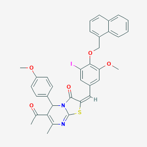 molecular formula C35H29IN2O5S B388460 6-acetyl-2-[3-iodo-5-methoxy-4-(1-naphthylmethoxy)benzylidene]-5-(4-methoxyphenyl)-7-methyl-5H-[1,3]thiazolo[3,2-a]pyrimidin-3(2H)-one 